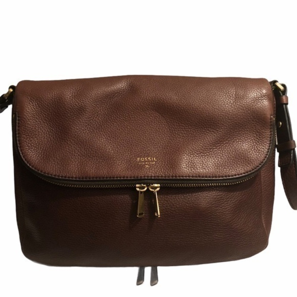 Fossil flap foldover brown leather messenger bag